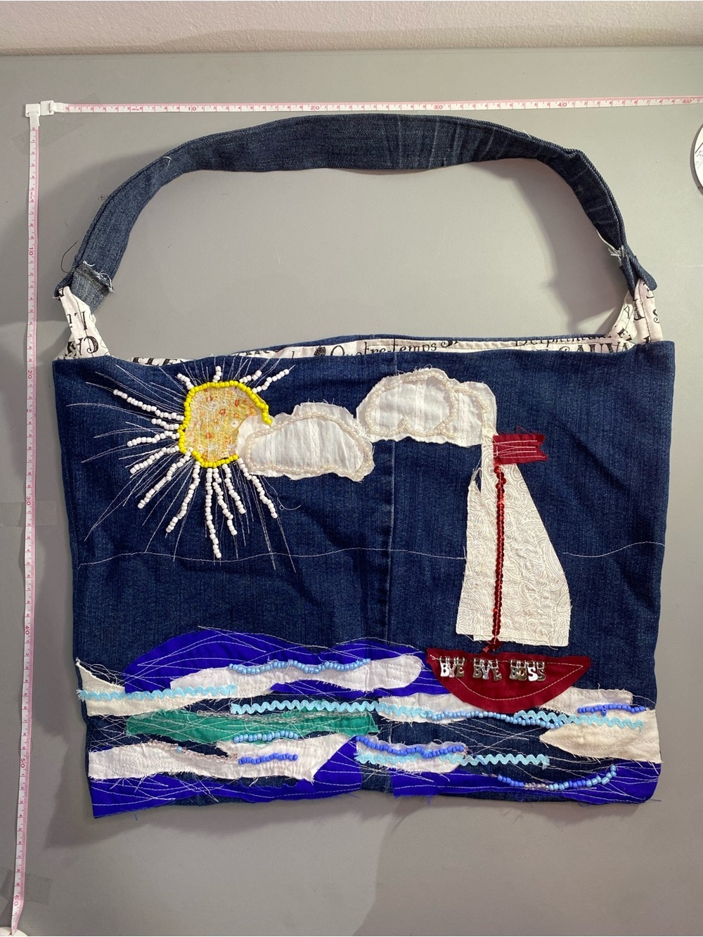 Navy Denim Shoulder Bag with Embroidered Sailboat and Sun